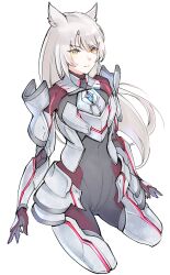 Rule 34 | 1girl, animal ears, armor, black bodysuit, bodysuit, cat ears, cat girl, closed mouth, commentary request, cropped legs, highres, long hair, m (xenoblade), red bodysuit, simple background, solo, two-tone bodysuit, ug333333, white background, white hair, xenoblade chronicles (series), xenoblade chronicles 3, yellow eyes