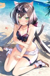 Rule 34 | 1girl, abusoru, animal ear fluff, animal ears, ankle boots, bare arms, bare shoulders, beach, bikini, black hair, blush, boots, bow, breasts, cat ears, cat girl, cat tail, cleavage, closed mouth, collarbone, day, eyewear on head, fang, fang out, green eyes, grey-framed eyewear, hair bow, hand on own arm, highres, innertube, karyl (princess connect!), karyl (summer) (princess connect!), long hair, looking at viewer, low twintails, multicolored hair, ocean, on ground, princess connect!, purple bikini, purple bow, scowl, seashell, shell, short shorts, shorts, sitting, small breasts, solo, starfish, streaked hair, sunglasses, swim ring, swimsuit, tail, thigh strap, toeless footwear, twintails, two-tone hair, v-shaped eyebrows, very long hair, wariza, water, white footwear, white shorts