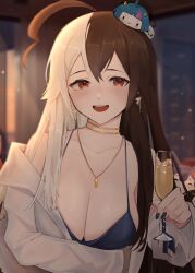 Rule 34 | 1girl, absurdres, ahoge, alcohol, blue dress, blue nails, breasts, brown hair, champagne, champagne flute, coat, cup, dress, drinking glass, earrings, gown, hair between eyes, highres, holding, holding cup, indoors, jewelry, large breasts, long hair, long sleeves, looking at viewer, momote, momote (vtuber), multicolored hair, necklace, night, off shoulder, open mouth, red eyes, smile, solo, two-tone hair, virtual youtuber, vyugen, white coat, white hair