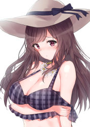 Rule 34 | bikini, blush, breast hold, breasts, brown eyes, brown hair, cleavage, flower, flower necklace, frown, hat, hat ribbon, highres, idolmaster, idolmaster shiny colors, jewelry, long hair, looking at viewer, medium breasts, minikon, necklace, nose blush, plaid, plaid bikini, ribbon, solo, swept bangs, swimsuit, tagme, tsukioka kogane, upper body, white background