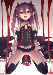 Rule 34 | 10s, 1girl, bare shoulders, black dress, blood, boots, clothes lift, detached sleeves, dress, dress lift, fang, krul tepes, kyuri tizu, long hair, no panties, owari no seraph, pale skin, pink hair, pointy ears, pussy, red eyes, solo, thigh boots, thighhighs, uncensored