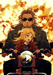Rule 34 | 1boy, 1girl, age difference, anime coloring, black jacket, black shirt, blonde hair, braid, brown hair, child, closed mouth, explosion, facial hair, facing viewer, fate/apocrypha, fate (series), french braid, goatee, green eyes, highres, holding, jacket, long hair, looking to the side, meiji ken, mordred (fate), mordred (fate/apocrypha), motor vehicle, motorcycle, on motorcycle, open clothes, open jacket, open mouth, parody, ponytail, red jacket, riding, scar, scar across eye, scar on face, serious, shirt, shishigou kairi, sparks, sunglasses, sweatdrop, t-shirt, terminator (series), terminator 2: judgment day, thick eyebrows, twitter username, watermark