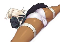 Rule 34 | 1girl, alternate costume, arc system works, ass, ass focus, colorized, dark-skinned female, dark skin, dr.p, dutch angle, flexible, from behind, guilty gear, guilty gear xrd, looking at viewer, looking back, lying, medium hair, on stomach, panties, ramlethal valentine, school uniform, serafuku, simple background, skirt, solo, split, straddle split, thigh strap, underwear, upskirt, white background