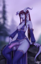 Rule 34 | 1futa, animal penis, blue choker, blue dress, blue skin, blue thighhighs, breasts, breasts out, choker, clothing aside, colored skin, detached sleeves, draenei, dress, erection, futanari, highres, horns, horse penis, long sleeves, looking at viewer, medium breasts, monster girl, outdoors, parted lips, pelvic curtain, pelvic curtain aside, penis, personal ami, pine tree, pointy ears, ponytail, precum, red hair, signature, sitting, sleeve ribbon, smile, solo, tail, tail ornament, tail ring, tentacles, testicles, thighhighs, tree, uncensored, warcraft, white eyes, world of warcraft