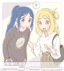 Rule 34 | 10s, 2girls, :d, ?, bag, blonde hair, blouse, blue hair, blush, braid, clothes writing, commentary request, crown braid, display case, eyebrows, hair rings, hand on another&#039;s back, handbag, hands in pockets, jewelry, long hair, long sleeves, love live!, love live! sunshine!!, matsuura kanan, multiple girls, necklace, ohara mari, open mouth, ponytail, ring, shirt, shopping, skirt, smile, sotamena (km stmn), spoken question mark, sweater, twitter username, wavy mouth, yellow eyes, yuri