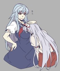 Rule 34 | 1dorokko, 2girls, between breasts, blue dress, bow, breasts, brown eyes, commentary request, dress, face between breasts, fujiwara no mokou, grey background, hair bow, hand on own hip, hand on own face, head between breasts, kamishirasawa keine, long hair, multiple girls, pants, puffy short sleeves, puffy sleeves, red pants, shirt, short sleeves, simple background, smile, suspenders, touhou, white hair, white shirt