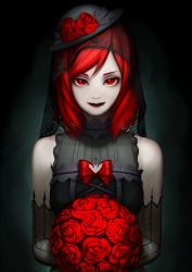 Rule 34 | 10s, 1girl, bad id, bad pixiv id, bon nob, bouquet, bow, detached sleeves, fishnets, flower, goth fashion, gradient background, hat, lips, looking at viewer, love live!, love live! school idol festival, love live! school idol project, nishikino maki, pale skin, red eyes, red hair, rose, short hair, slit pupils, solo, upper body, vampire, veil
