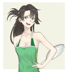 Rule 34 | 10s, 1girl, bad id, bad nicoseiga id, badminton racket, bare shoulders, black hair, breasts, camisole, character request, cleavage, green eyes, hair ornament, hand on own hip, hanebado!, highres, karasu hito, long hair, looking at viewer, medium breasts, no bra, one side up, open mouth, parted bangs, racket, simple background, smile, smug, solo, sportswear, upper body