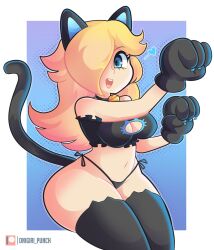 Rule 34 | 1girl, animal ears, animal hands, cat ears, cat lingerie, cat paws, cat tail, cat thighhighs, cleavage cutout, clothing cutout, highres, mario (series), meme attire, nintendo, onigiri punch, panties, rosalina, side-tie panties, super mario 3d world, tail, thighhighs, underwear