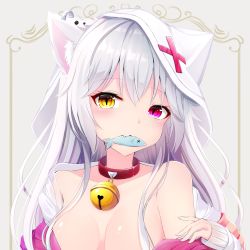 Rule 34 | 1girl, animal, animal ear fluff, animal ears, animal hood, bare shoulders, bell, blush, breasts, cat ears, cat hood, collar, collarbone, commentary request, ear piercing, fish, food in mouth, hair between eyes, hair ornament, hand up, head tilt, heterochromia, highres, hood, hood up, jingle bell, long hair, long sleeves, looking at viewer, medium breasts, neck bell, off shoulder, open clothes, open shirt, original, out-of-frame censoring, piercing, purple eyes, red collar, shiira (nya rl), shirt, silver hair, sleeves past wrists, slit pupils, solo, upper body, white shirt, x hair ornament, x x, yellow eyes