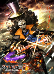 Rule 34 | 1boy, afro, ascot, black hair, black jacket, black pants, blue ascot, brook (one piece), commentary request, copyright name, formal, glint, hat, holding, holding sword, holding weapon, jacket, looking at viewer, male focus, nijihayashi, official art, one piece, one piece card game, open mouth, orange shirt, pants, shirt, skeleton, solo, suit, sword, top hat, weapon