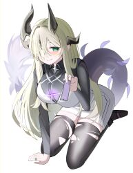 1girl absurdres arknights black_horns black_tail black_thighhighs blonde_hair blush breasts bright_pupils closed_mouth eblana_(arknights) full_body green_eyes hair_over_one_eye highres holding horns jewelry large_breasts long_hair long_sleeves looking_at_viewer one_eye_covered ring seiza simple_background sitting smile solo spam_(spamham4506) tail thighhighs torn_clothes torn_thighhighs white_background white_pupils