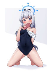 Rule 34 | 1girl, absurdres, bare shoulders, barefoot, blue archive, blue eyes, blue one-piece swimsuit, blush, breasts, cellphone, collarbone, commentary, covered navel, floating hair, frilled one-piece swimsuit, frills, full body, halo, hand on own thigh, highres, holding, holding phone, kneeling, komasi, long hair, looking at viewer, medium breasts, miyako (blue archive), miyako (swimsuit) (blue archive), off-shoulder one-piece swimsuit, off shoulder, official alternate costume, one-piece swimsuit, phone, shade, sidelocks, simple background, smartphone, smartphone case, solo, strapless, strapless one-piece swimsuit, swimsuit, variant set, very long hair, white background, white hair