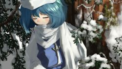 Rule 34 | 1girl, blue hair, blue vest, blush, branch, closed eyes, commentary, covered mouth, hat, highres, kajatony, lapel pin, leaf, letty whiterock, long sleeves, medium hair, scarf, shirt, snow, solo, touhou, tree, upper body, vest, white hat, white scarf, white shirt