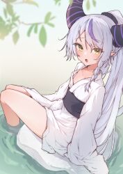 Rule 34 | 1girl, absurdres, airenif, bare legs, blush, demon girl, demon horns, grey hair, highres, hololive, horns, japanese clothes, kimono, la+ darknesss, long hair, long sleeves, looking at viewer, multicolored hair, no pants, obi, open mouth, pointy ears, ponytail, purple hair, sash, sitting, sleeves past fingers, sleeves past wrists, soaking feet, solo, streaked hair, striped horns, very long hair, virtual youtuber, water, white kimono, yellow eyes