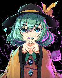 Rule 34 | 1girl, black hat, blouse, blush, broken heart, buttons, colored eyelashes, commentary, crossed fingers, dated commentary, diamond button, eyelashes, fingernails, frilled sleeves, frills, green eyes, green hair, green nails, grin, hair between eyes, hands up, hat, hat ribbon, heart, heart of string, kaffeinman, komeiji koishi, long sleeves, looking at viewer, medium hair, multicolored nails, nail polish, one-hour drawing challenge, pink nails, ribbon, shirt, smile, solo, third eye, touhou, tsurime, upper body, wide sleeves, x fingers, yellow ribbon, yellow shirt