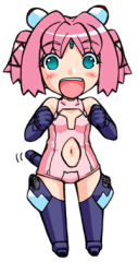 Rule 34 | 1girl, bare shoulders, blue eyes, blush, character request, chibi, collarbone, elbow gloves, excited, eyebrows, eyelashes, fake tail, female focus, fist pump, gem, gloves, hair ornament, happy, long glove, looking at viewer, low twintails, lowres, motion lines, nakajima rei, navel, open mouth, pink hair, shadow, shiny clothes, shiny skin, simple background, sleeveless, solo, standing, stomach, tail, tail raised, tail wagging, teeth, thighhighs, thighs, tongue, twintails, white background