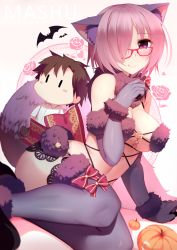 Rule 34 | 1girl, animal ears, bat (animal), bow, breasts, elbow gloves, fate/grand order, fate (series), fur trim, gloves, hair over one eye, halloween, jack-o&#039;-lantern, large breasts, looking at viewer, mash kyrielight, mash kyrielight (dangerous beast), official alternate costume, purple eyes, purple hair, rizky (strated), short hair, sitting, smile, tail, thighhighs, wolf ears, wolf tail, yokozuwari