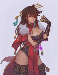 Rule 34 | 1girl, arm under breasts, beidou (genshin impact), breasts, brown hair, brown thighhighs, capelet, chinese clothes, cleavage, cleavage cutout, clothing cutout, colored eyepatch, eyepatch, fingerless gloves, fur collar, genshin impact, gloves, hair ornament, hair over one eye, hair stick, hairpin, highres, large breasts, long hair, one eye covered, pelvic curtain, red capelet, red eyes, smile, solo, thighhighs, whitney lanier