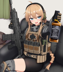 Rule 34 | 1girl, :d, alcohol, bike shorts, blonde hair, blue eyes, blush, bottle, braid, braided ponytail, couch, curtains, cz 805 bren, gaiters, glass, gloves, green curtains, grey sweater, headset, highres, holding, holding bottle, holding weapon, indie virtual youtuber, knee pads, load bearing vest, looking at viewer, magazine (weapon), mole, mole under eye, open mouth, radio, sitting, smile, solo, sweater, tactical clothes, thighhigh gaiters, thighhighs, thighs, virtual youtuber, weapon, whiskey, whiskey project, yakob labo