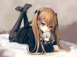 Rule 34 | 1girl, absurdres, arm support, bed sheet, black pantyhose, bow, brown eyes, brown hair, character doll, commentary request, full body, girls&#039; frontline, hair bow, hair ornament, hairclip, hara shoutarou, head tilt, highres, hood, hood down, hooded jacket, jacket, legs up, long hair, long sleeves, looking at viewer, lying, no shirt, on stomach, pantyhose, scar, scar across eye, scar on face, skirt, smile, solo, twintails, ump45 (girls&#039; frontline), ump9 (girls&#039; frontline)