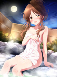 Rule 34 | 1girl, :d, breasts, brown eyes, brown hair, cloud, collarbone, commentary request, covering privates, fence, full moon, hair bun, idolmaster, idolmaster cinderella girls, lantern, long hair, looking at viewer, medium breasts, moon, mountain, night, night sky, nude cover, onsen, open mouth, outdoors, parted bangs, sidelocks, sitting, sky, smile, solo, steam, sui. (ayase), takamori aiko, towel