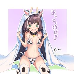 Rule 34 | 1girl, animal ear fluff, animal ears, animal print, bare shoulders, bell, bikini, black hair, blanket, blush, breasts, breasts apart, buckle, cat ears, cat girl, chocomoch, collar, collarbone, cow ears, cow horns, cow print, embarrassed, fake animal ears, fake horns, fang, gradient background, green eyes, highres, horns, jingle bell, karyl (princess connect!), long hair, looking at viewer, low twintails, micro bikini, multicolored hair, navel, open mouth, princess connect!, print bikini, print thighhighs, purple background, sitting, small breasts, solo, stomach, streaked hair, swimsuit, tearing up, tears, thighhighs, translation request, twintails, two-tone hair, under covers, underboob, very long hair, wariza, white hair