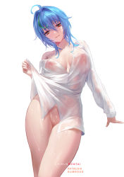 Rule 34 | 1girl, ahoge, blue hair, blush, bottomless, breasts, breasts apart, brown eyes, chihunhentai, collared shirt, covered erect nipples, eyebrows hidden by hair, green hair, hair intakes, head tilt, high school dxd, highres, long sleeves, looking at viewer, multicolored hair, nipples, no bra, no panties, parted lips, see-through, shirt, short hair, sidelocks, simple background, single bare shoulder, smile, solo, streaked hair, thighs, two-tone hair, wet, wet clothes, wet shirt, white background, xenovia quarta