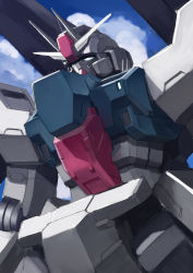 Rule 34 | absurdres, blue eyes, chinese commentary, close-up, from below, glowing, glowing eyes, gundam, highres, looking up, mecha, mecha request, no humans, robot, sky, solo, v-fin, ztb0000