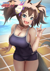 Rule 34 | 1girl, animal ears, backlighting, bad id, bad pixiv id, bare shoulders, blue one-piece swimsuit, blurry, blurry background, bow, breasts, brown hair, cleavage, collarbone, commentary, covered navel, fang, green eyes, hair bow, hand up, highres, horse ears, horse girl, horse tail, inari one (umamusume), large breasts, leaning forward, looking at viewer, mask, mask on head, one-piece swimsuit, open mouth, poolside, school swimsuit, short eyebrows, skin fang, skindentation, smile, solo, standing, swimsuit, tail, thigh gap, thighs, tile floor, tiles, tongue, tsukareme, twintails, umamusume, water, yellow bow
