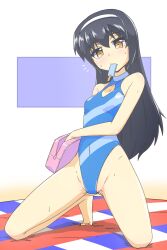 Rule 34 | 1girl, bag, black hair, blue one-piece swimsuit, brown eyes, casual one-piece swimsuit, commentary request, covered navel, food, girls und panzer, hairband, handbag, highleg, highleg swimsuit, highres, kneeling, long hair, one-piece swimsuit, popsicle, reizei mako, renshiu, solo, striped clothes, striped one-piece swimsuit, swimsuit, turtleneck, white hairband