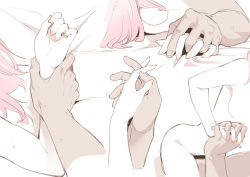 Rule 34 | 1boy, 1girl, asutora, asutora-chan, commentary request, couple, cowgirl position, fingernails, girl on top, hand focus, head out of frame, hetero, holding another&#039;s wrist, holding hands, implied sex, interlocked fingers, jewelry, nude, original, pink hair, ring, short hair, simple background, straddling, sweat, white background