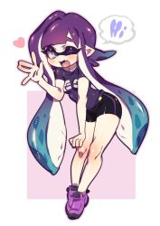 Rule 34 | 1girl, black shorts, fang, grey eyes, heart, highres, inkling, inkling girl, inkling player character, long hair, looking at viewer, nintendo, nitronic, one eye closed, open mouth, pointy ears, purple footwear, purple hair, purple shirt, shirt, shoes, short sleeves, shorts, simple background, smile, solo, speech bubble, splatoon (series), white background