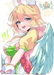 Rule 34 | 1girl, :d, absurdres, blonde hair, breasts, chibi, cleavage, commentary request, green eyes, green wings, hair between eyes, halo, hat, highres, himiya jouzu, large breasts, looking at viewer, monster strike, nightingale (monster strike), open mouth, puffy short sleeves, puffy sleeves, short hair, short sleeves, simple background, smile, solo, teeth, translation request, upper teeth only, white background, white hat, wings, yellow halo