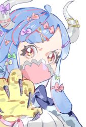 Rule 34 | + +, 1girl, ahoge, blue bow, blue cape, blue hair, bow, cape, covered mouth, curled horns, dinosaur girl, hair ornament, hand up, horn bow, horn ornament, horns, long hair, looking at viewer, mask, mouth mask, multicolored hair, one piece, pink eyes, pink hair, pink mask, raine (acke2445), solo, streaked hair, talons, ulti (one piece), x hair ornament
