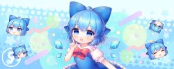 Rule 34 | 1girl, ahoge, blue bow, blue dress, blue eyes, blue hair, blush, bow, cirno, coa (chroo x), collared shirt, commentary request, detached wings, dress, fairy, frilled dress, frills, hair bow, ice, ice wings, multiple views, open mouth, puffy short sleeves, puffy sleeves, shirt, short hair, short sleeves, smile, touhou, white shirt, wings