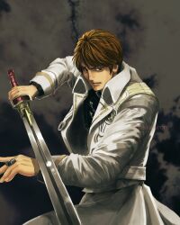 Rule 34 | 1boy, brown eyes, brown hair, cloud, cloudy sky, coat, frown, garo (series), highres, holding, holding sword, holding weapon, long sleeves, looking at viewer, open clothes, open coat, pogemutalp, puffy long sleeves, puffy sleeves, saejima kouga, sky, solo, sword, tokusatsu, twitter username, upper body, weapon, white coat