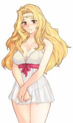 Rule 34 | 1girl, alternate costume, bare shoulders, blonde hair, blush, bow, breasts, brown eyes, circlet, cleavage, cowboy shot, crossed arms, edain (fire emblem), fire emblem, fire emblem: genealogy of the holy war, large breasts, long hair, nintendo, open mouth, panties, pink bow, see-through, simple background, smile, solo, thighs, tridisart, underwear, wavy hair, white negligee