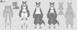 Rule 34 | 1girl, absurdres, animal ears, arms at sides, baggy pants, bandaid, bandaid on face, bandaid on nose, blunt ends, breasts, cable, cleavage, closed mouth, collar, concept art, cyborg, drawstring, expressionless, eyes visible through hair, facing away, full body, greyscale, groin, highleg, highres, hood, hood down, hoodie, leg wrap, liren44, looking at viewer, mechanical arms, mechanical ears, mechanical legs, mechanical parts, medium breasts, monochrome, multiple views, nape, navel, original, pants, scar, scar on face, science fiction, short hair, simple background, stomach, tail, torn clothes, turtleneck