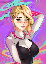 Rule 34 | 1girl, absurdres, arm behind head, arm up, artist name, blonde hair, blue eyes, blush, bodysuit, breasts, eyebrow piercing, female focus, gradient hair, gwen stacy, heart, highres, large breasts, lips, looking at viewer, marvel, multicolored hair, mystyhw, parted lips, piercing, pink hair, short hair, smile, solo, spider-man: into the spider-verse, spider-man (series), spider-verse, spider web print, superhero costume, upper body