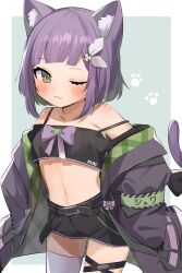 Rule 34 | 1girl, 852 box, ;3, animal ear fluff, animal ears, black shirt, black shorts, cat ears, cat girl, cat tail, clothes down, colored inner hair, commission, crop top, cropped shirt, fang, green eyes, green hair, highres, indie virtual youtuber, jacket, looking at viewer, midriff, multicolored hair, navel, off shoulder, one eye closed, open clothes, open jacket, purple hair, purple jacket, second-party source, shirt, short hair, short shorts, shorts, shwaa, single thighhigh, skeb commission, skin fang, stomach, tail, thighhighs, two-tone hair, virtual youtuber, white thighhighs