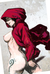 Rule 34 | 1girl, ass, black hair, breasts, cape, coat, gradient background, grimm&#039;s fairy tales, hood, knife, little red riding hood, little red riding hood (grimm), medium breasts, naked cape, naked coat, nipples, oono tsutomu, reverse grip, short hair, solo, tattoo