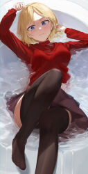 Rule 34 | 1girl, alternate costume, black skirt, black thighhighs, blonde hair, blue eyes, bob cut, breasts, hand in own hair, highres, hololive, hololive english, long sleeves, lying, medium breasts, medium hair, on back, partially submerged, red sweater, seistfu, skirt, sweater, thighhighs, thighs, turtleneck, turtleneck sweater, upskirt, virtual youtuber, water, watson amelia