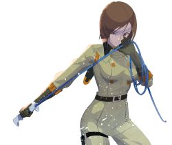 Rule 34 | 1girl, belt, bob cut, breasts, brown eyes, brown hair, cofffee, cowboy shot, elbow gloves, gloves, highres, holding, holding whip, medium breasts, military, military uniform, short hair, simple background, snk, solo, the king of fighters, uniform, whip, whip (kof), white background