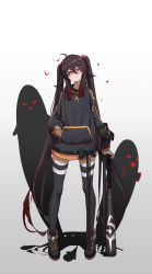 Rule 34 | 1girl, absurdres, adapted costume, baseball bat, black bow, black footwear, black hoodie, black thighhighs, boo tao (genshin impact), bow, brown hair, closed mouth, commentary request, contemporary, flower, flower-shaped pupils, full body, genshin impact, gradient background, gradient hair, grey background, hair between eyes, hair flower, hair ornament, hand in pocket, head tilt, highres, hood, hood down, hoodie, hu tao (genshin impact), long hair, long sleeves, looking at viewer, multicolored hair, orange hoodie, qixia, red eyes, red flower, red hair, shadow, shoes, smile, sneakers, split mouth, streetwear, symbol-shaped pupils, thighhighs, twintails, two-tone hoodie, very long hair, white background