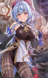 Rule 34 | 1girl, arm grab, blue hair, blush, breasts, clenched hands, clenched teeth, ganyu (genshin impact), genshin impact, highres, hilichurl (genshin impact), large breasts, monster, nervous, pantyhose, purple eyes, teeth