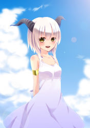 Rule 34 | 1girl, armlet, arms behind back, bare shoulders, blue sky, chitose (usacan), cloud, day, dress, highres, horns, lens flare, looking at viewer, open mouth, original, short hair with long locks, sky, solo, sundress, white dress, white hair, yellow eyes