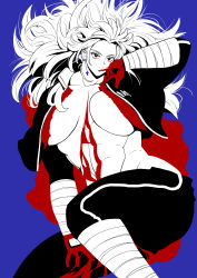 Rule 34 | 1girl, abs, absurdres, akaakaaobi, bad id, bad pixiv id, blood, breasts, dorohedoro, earrings, gloves, highres, jacket, jewelry, large breasts, long hair, looking at viewer, muscular, muscular female, navel, noi (dorohedoro), red eyes, simple background, solo