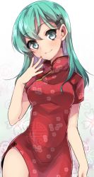 Rule 34 | 10s, 1girl, alternate costume, aqua eyes, aqua hair, blush, breasts, china dress, chinese clothes, cowboy shot, dress, hand to own mouth, head tilt, highres, kantai collection, long hair, looking at viewer, nail polish, red dress, red nails, smile, solo, standing, suzuya (kancolle), unmoving pattern, zinpati