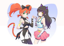 Rule 34 | 2girls, animal ears, bell, neck bell, black hair, blake belladonna, bow, bra, breasts, cat ears, cat tail, cleavage, collar, cosplay, costume switch, earrings, fingerless gloves, gloves, green eyes, hair bow, highres, iesupa, jewelry, miniskirt, multicolored hair, multiple girls, navel, neon katt, orange hair, rwby, shorts, shorts under skirt, skirt, smile, streaked hair, tail, tail ornament, tail ring, twintails, underwear, yellow eyes